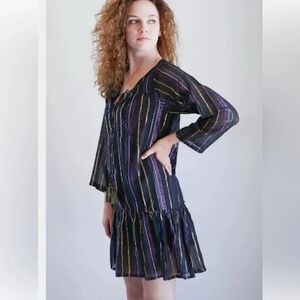 Apiece Apart Mesa Rainbow Metallic Stripe Black Long Sleeve Dress Size 4